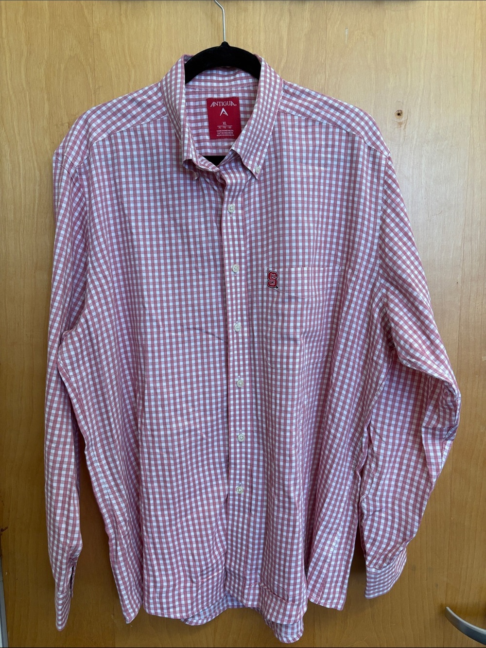 Antigua Men's light Red and White NC State Gingham Button-Down Shirt